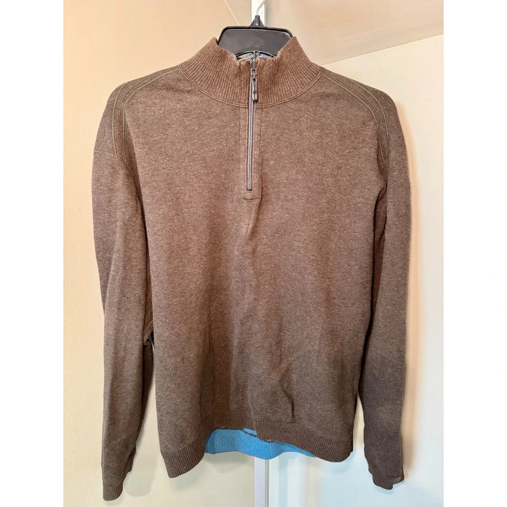 Tommy‎ Bahama Mens Reversible Quarter Zip Pullover Brown Blue Heathered Sweater